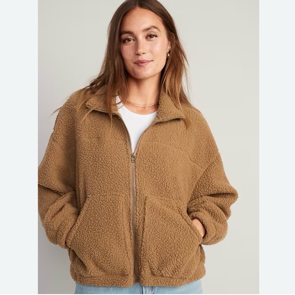 Old Navy Brown Slouchy Sherpa Zip Up Jacket Size Large - Picture 1 of 6
